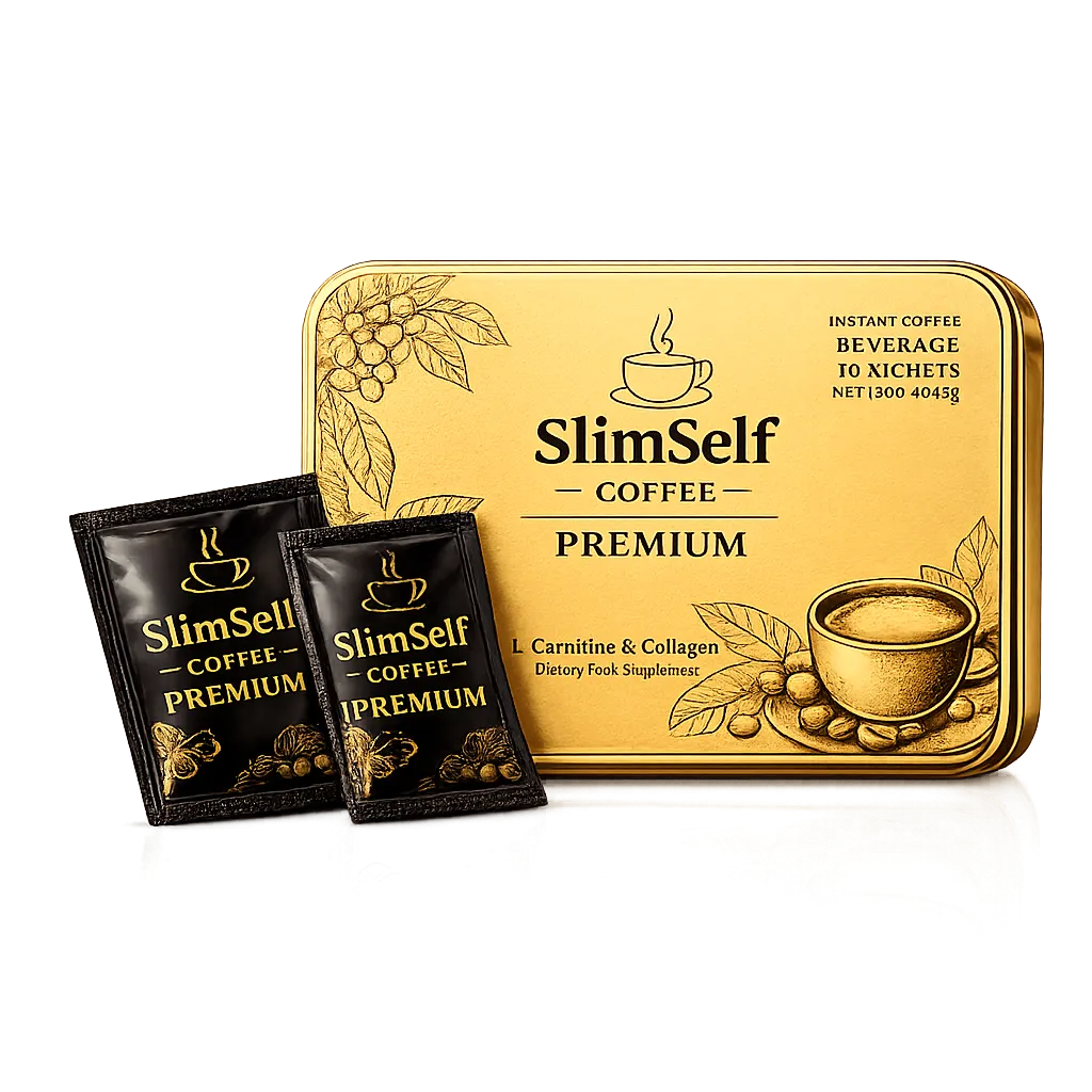 SlimSelf Premium Coffee 30 saşelik altın rengi kutu ve tek kullanımlık saşeler