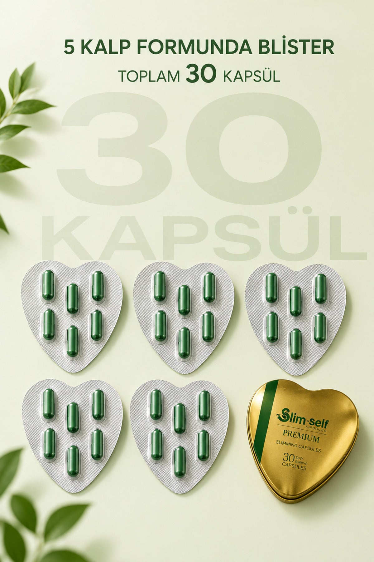 Slimself Good Kapsül 5 kalp formunda blister detayı, toplam 30 yeşil kapsül
