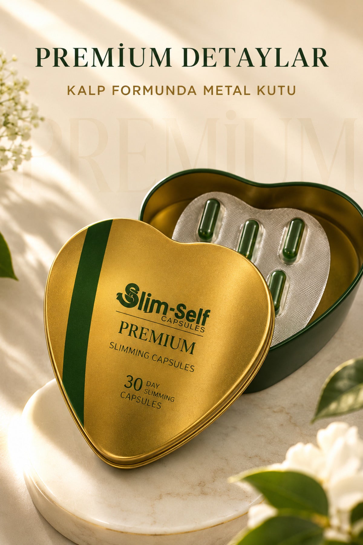 Slimself Good Kapsül kalp formunda altın metal kutunun yakın çekimi