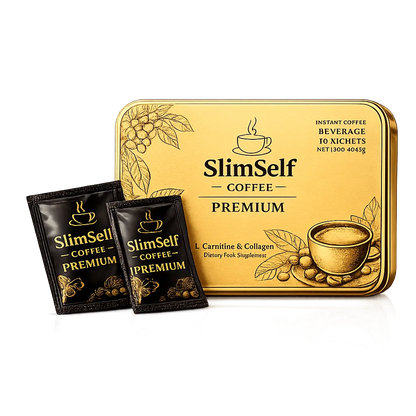 SlimSelf Premium Coffee 30 saşelik altın rengi kutu ve tek kullanımlık saşeler