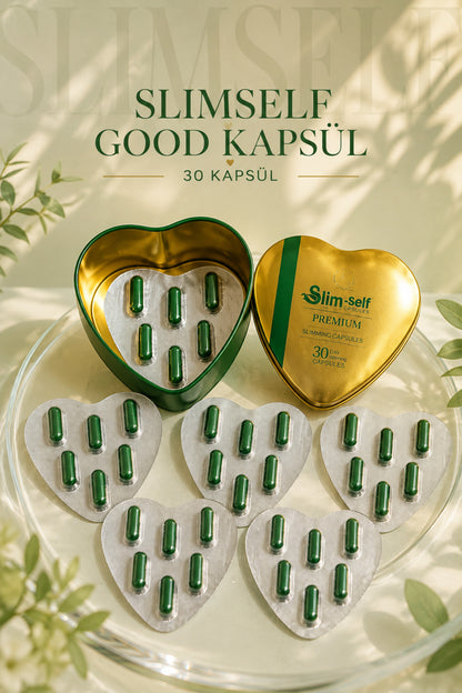 Slimself Good Kapsül 5 kalp formunda blister ve metal kutu bir arada