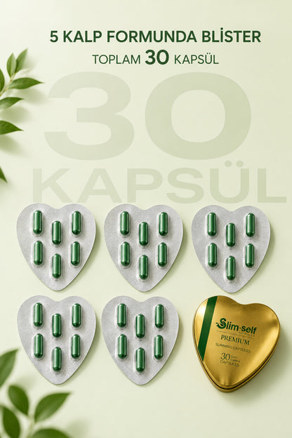 Slimself Good Kapsül 5 kalp formunda blister detayı, toplam 30 yeşil kapsül